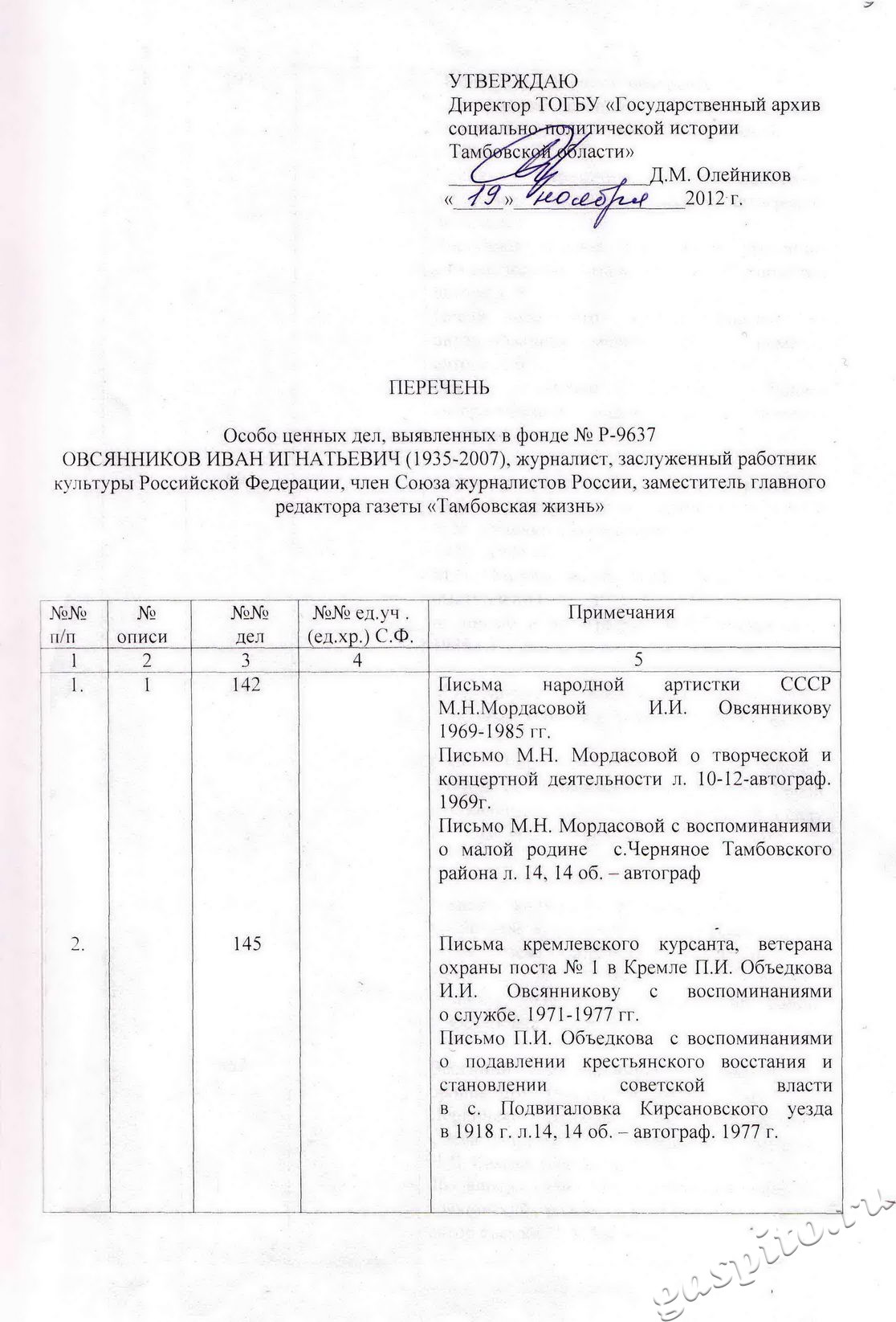 Подробнее о статье Особо ценные документы из фонда личного происхождения Овсянникова Ивана Игнатьевича (1935-2007) – журналиста, заслуженного работника культуры Российской Федерации, члена Союза журналистов России, заместителя главного редактора газеты «Тамбовская жизнь»