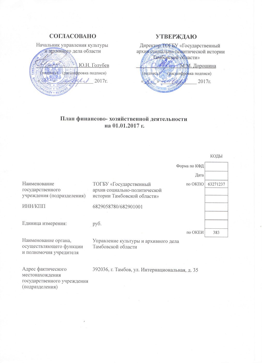 Подробнее о статье План финансово-хозяйственной деятельности ТОГБУ «ГАСПИТО» на 01.01.2017