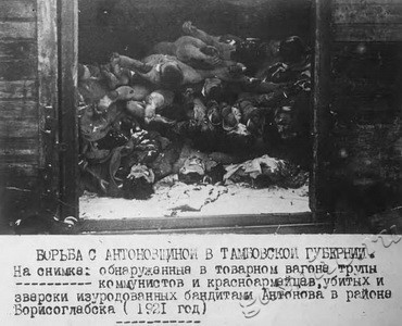 Подробнее о статье Товарный вагон, обнаруженный на ст.Жердевка с трупами коммунистов, красноармейцев и крестьян (Ед.хр. 3647)