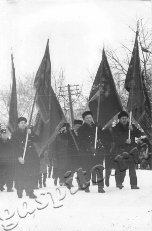 Подробнее о статье Знаменная группа на демонстрации, посвященной Великой Октябрьской социалистической революции (Ед.хр. 4229)